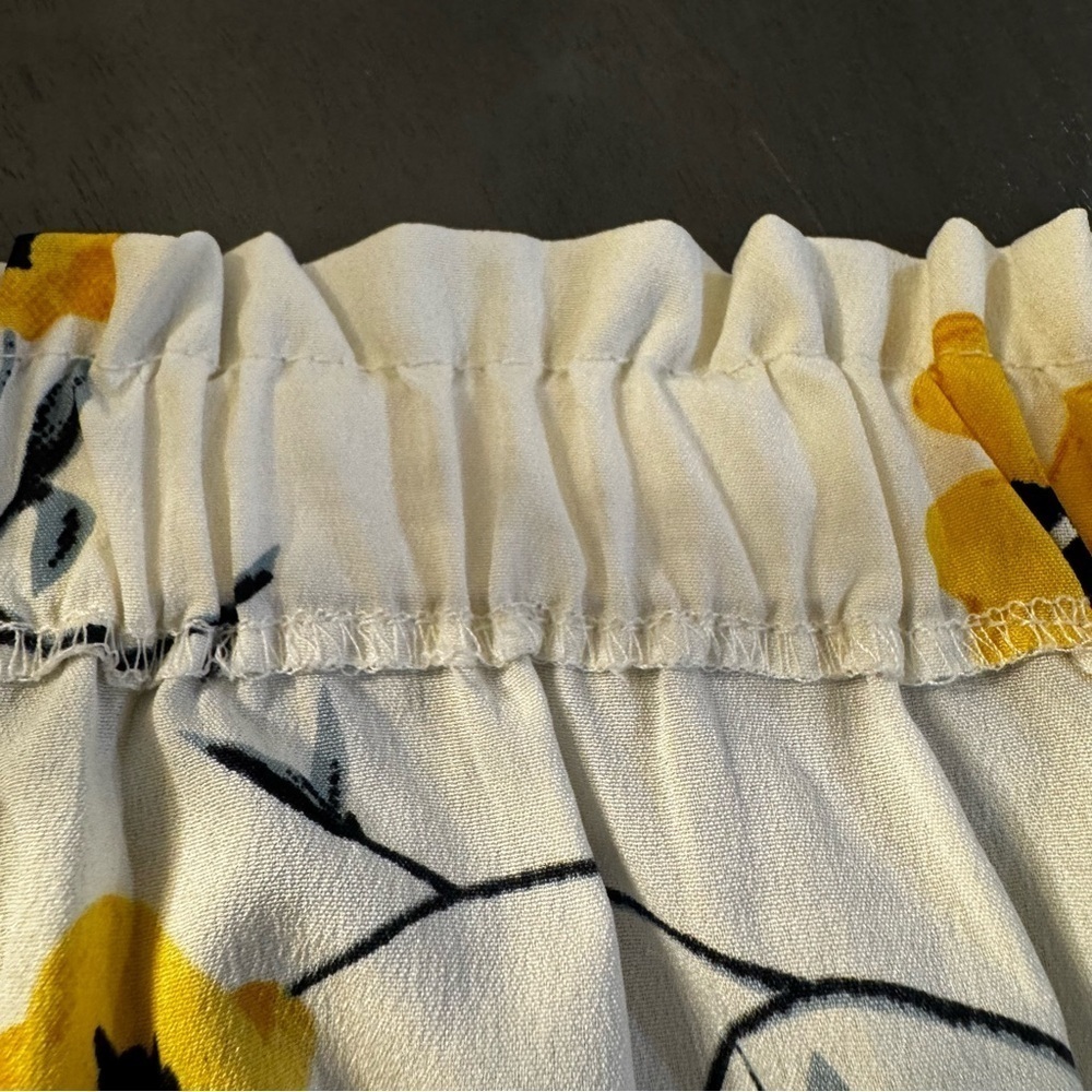 Blush white yellow & blue floral off the shoulder mini dress, faux wrap, M. - Picture 11 of 11